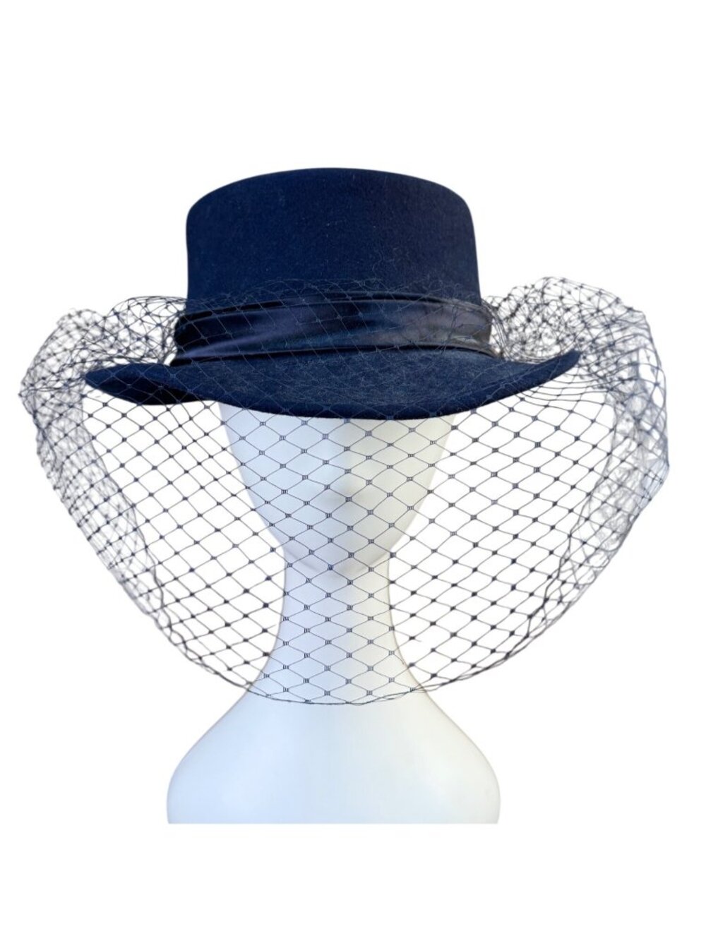 Michael Howard Womens Navy Wool Dress Hat With Bow & Netting Made In USA